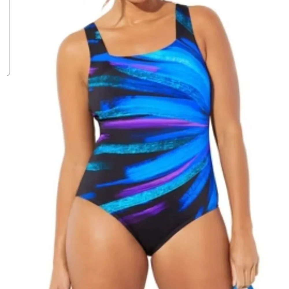 SWIMSUITS FOR ALL 1 Piece Bathing Suit CONTROL Black Blue Purple Sz 16 NEW